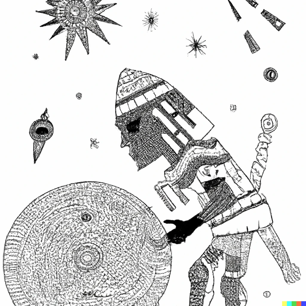 Prompt: Une représentation d'un homme dessinant un vaisseau spatial dans un style art précolombien

