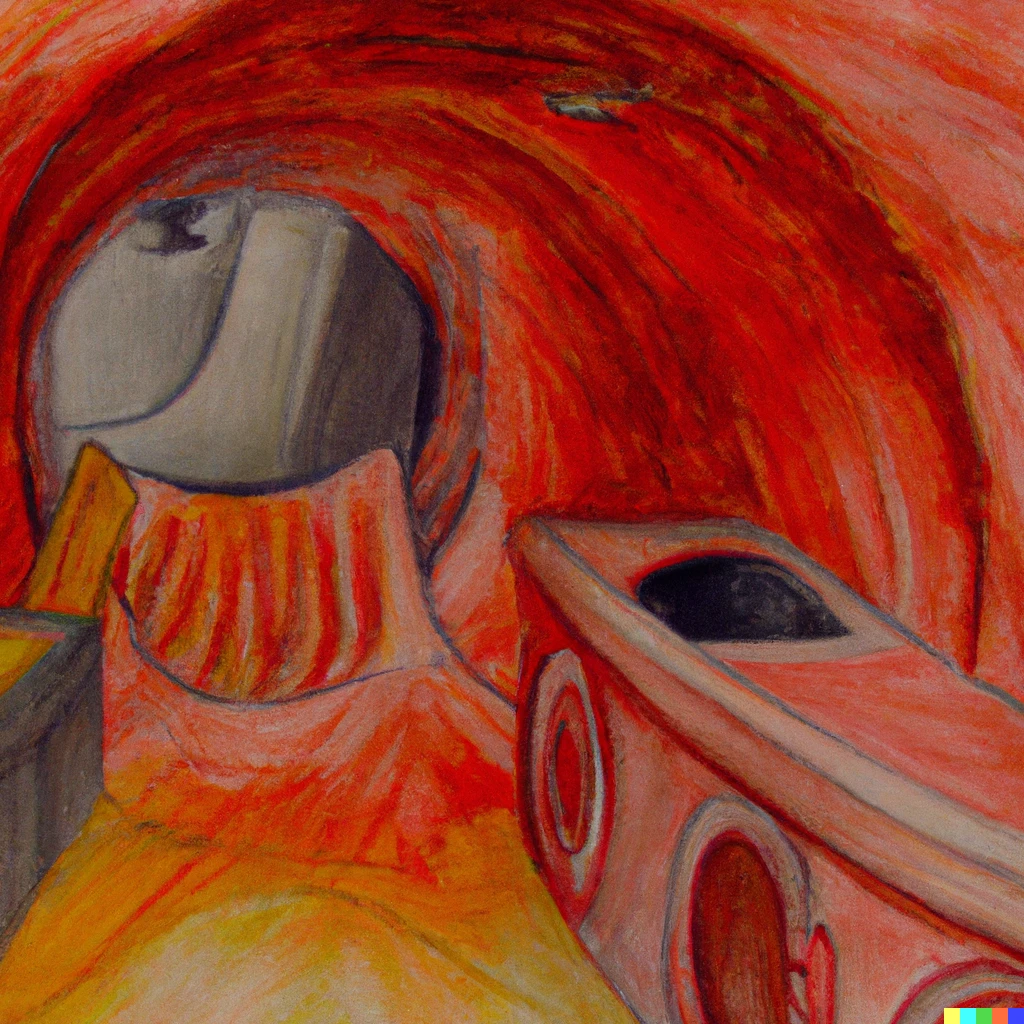 Prompt: A Leonardo da Vinci painting of a red hairy washing dishes machine tunnel 