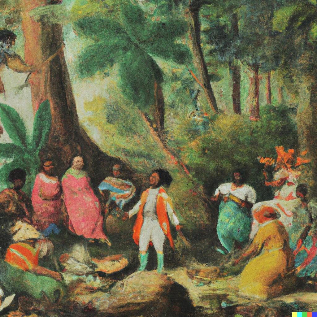 Prompt: Une peinture du douanier Rousseau représentant un chef indien préparant un repas avec d'autres indiens dans la jungle
