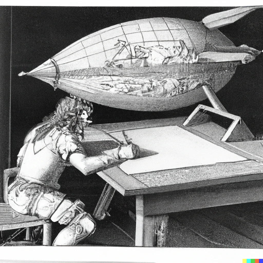 Prompt: a  Dürer gravure of a man drawing a spaceship