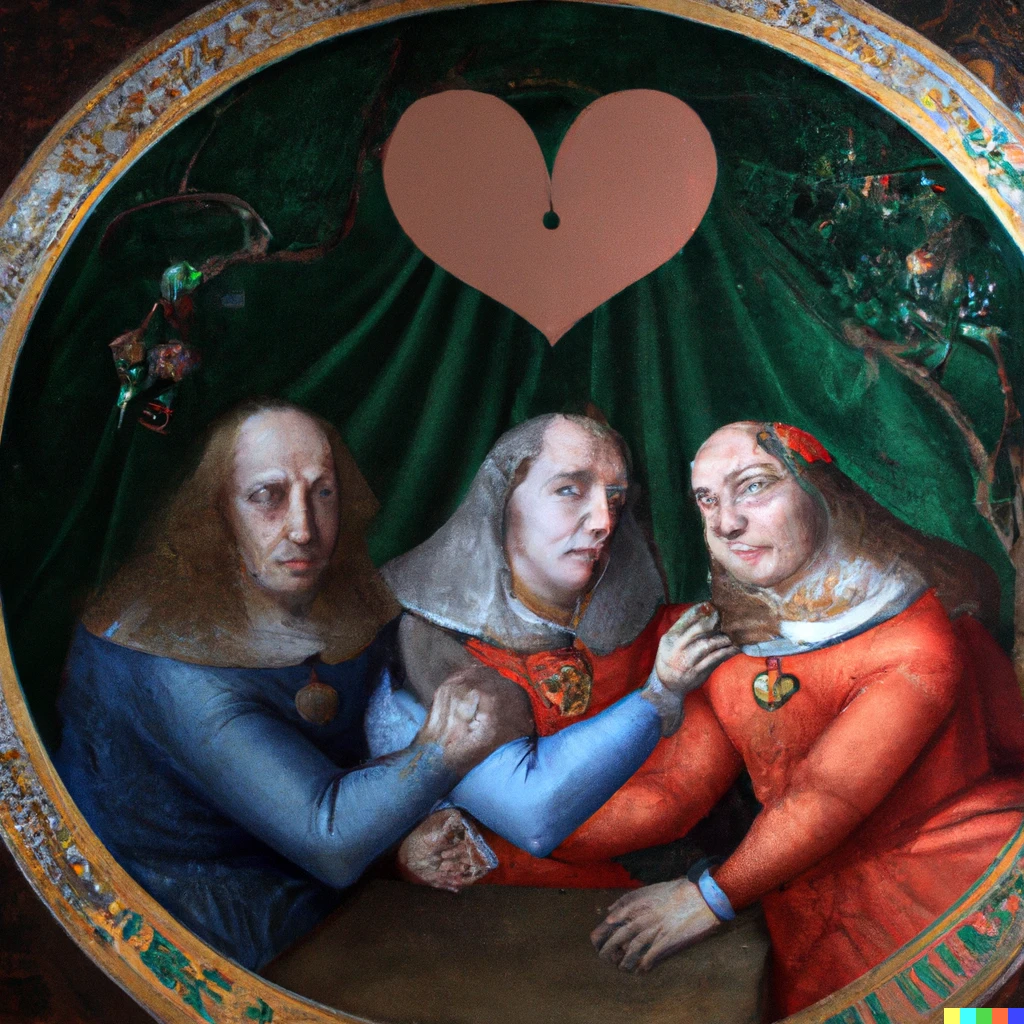 Prompt: Une peinture représentant la collaboration entre Dall-E et un humain dans le style de la peinture les ambassadeurs de HOLBEIN 