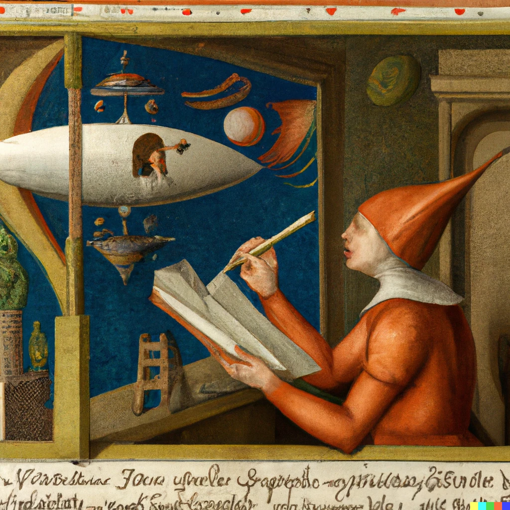 Prompt: a Jheronimus BOSCH painting of a man drawing a spaceship