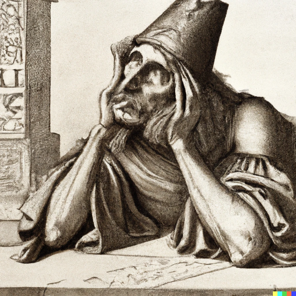 Prompt: Une gravure de Dürer représentant DALL-E attendant un texte de son collaborateur humain préféré 