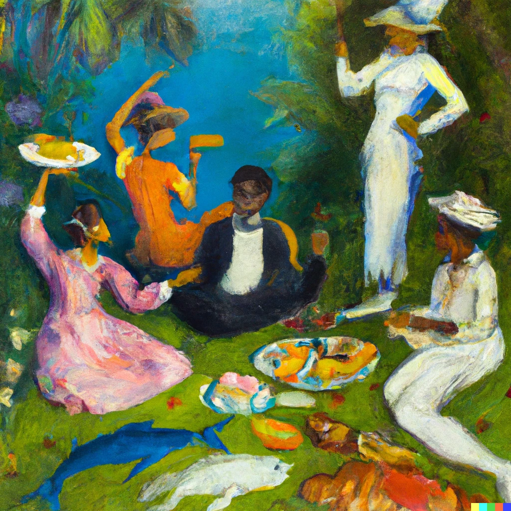 Prompt: Une version exotique de la peinture le déjeuner sur l'herbe de Manet 