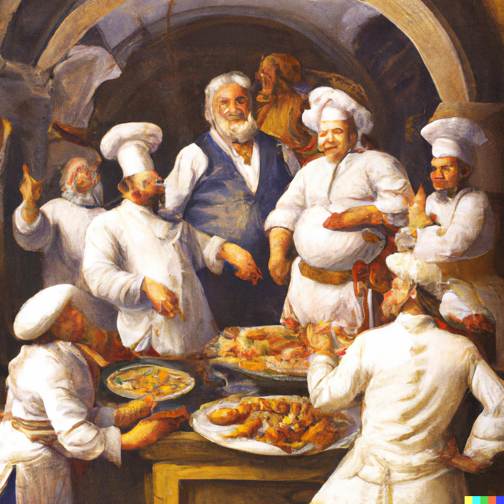 Prompt: A Michel Angelo painting of a cooker chef and his team in a restaurant 