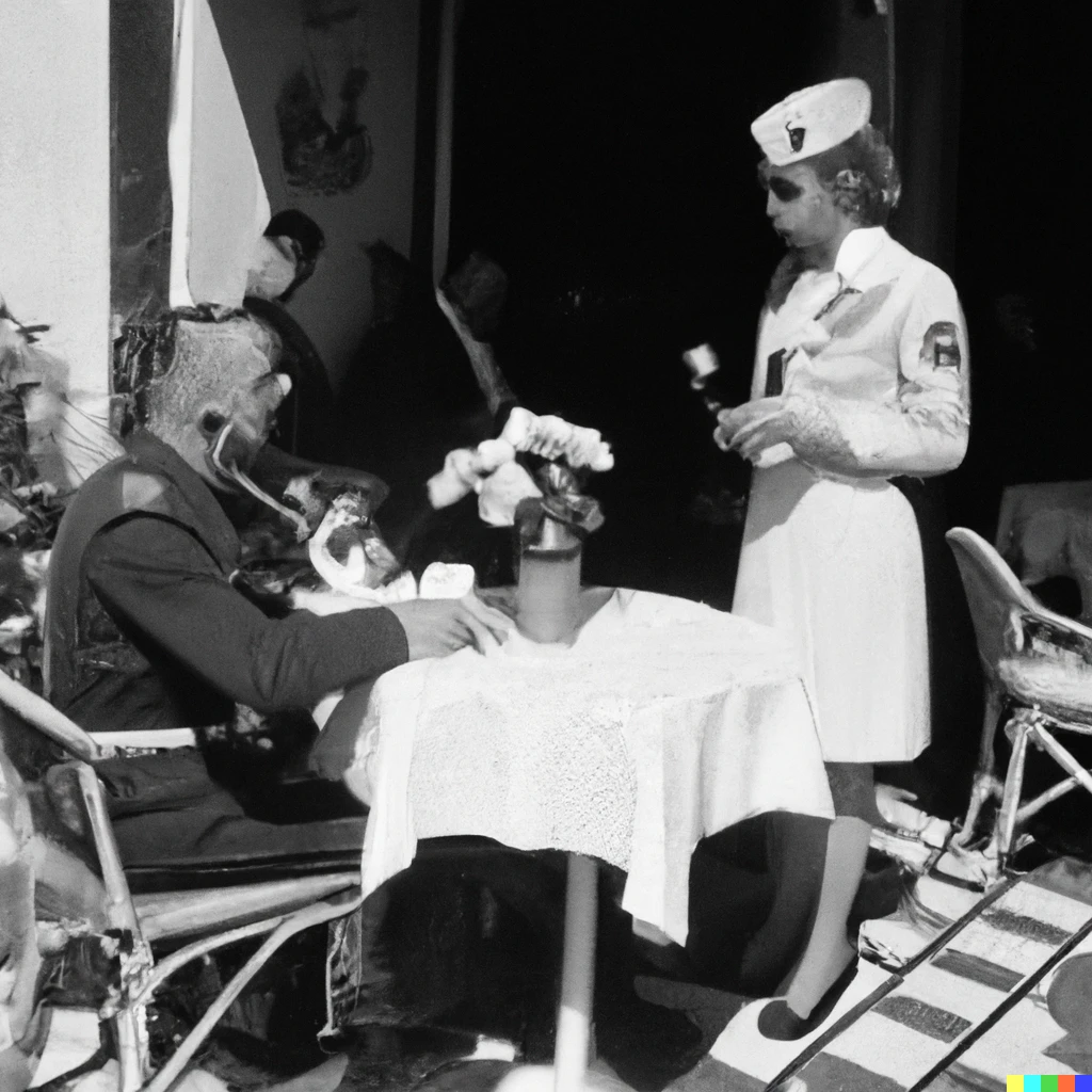Prompt: Une photo noir et blanc du général de Gaulle assis à une terrasse de café se faisant servir un café par une serveuse en robe à fleurs