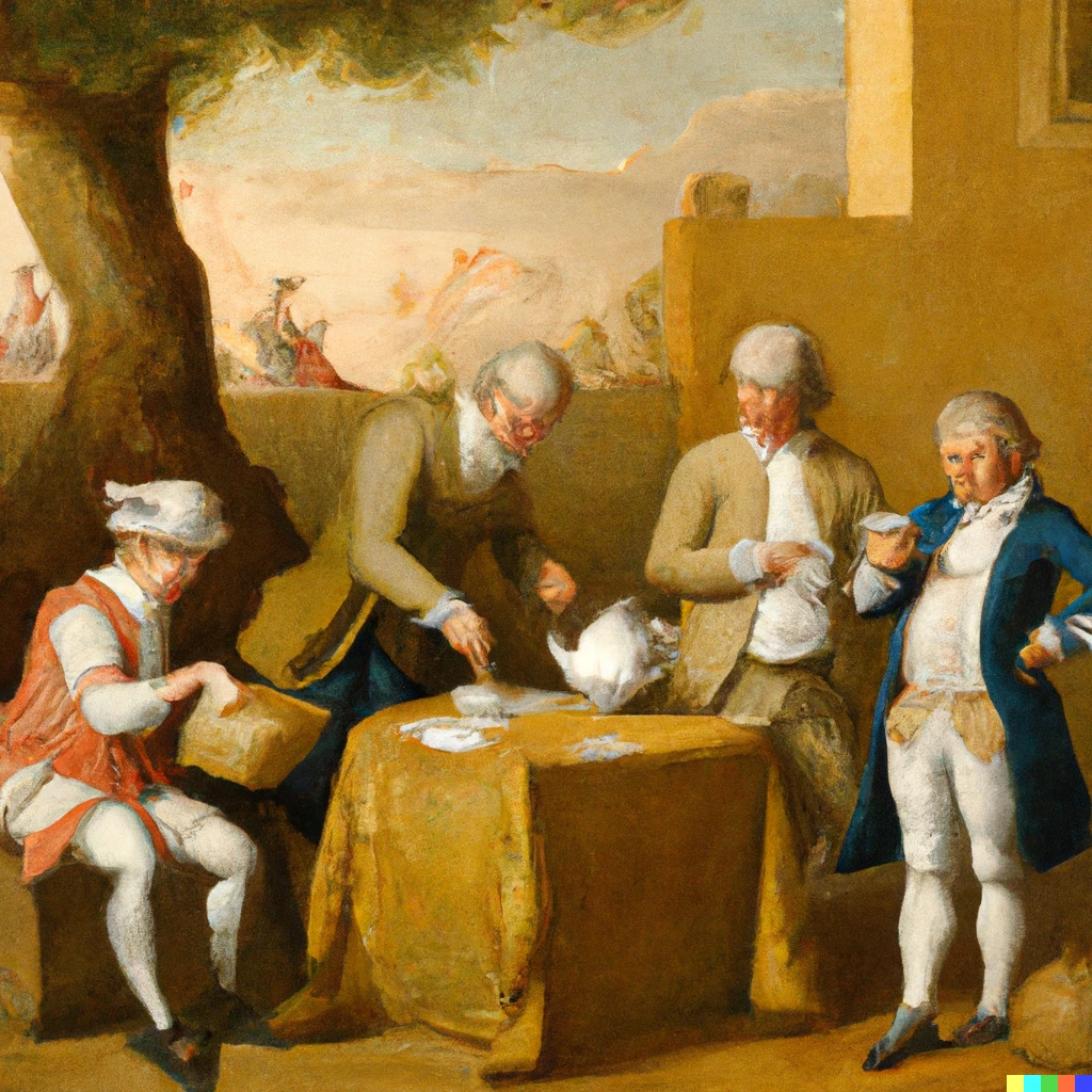 Prompt: A Watteau painting of Some british guys building a tax on tea