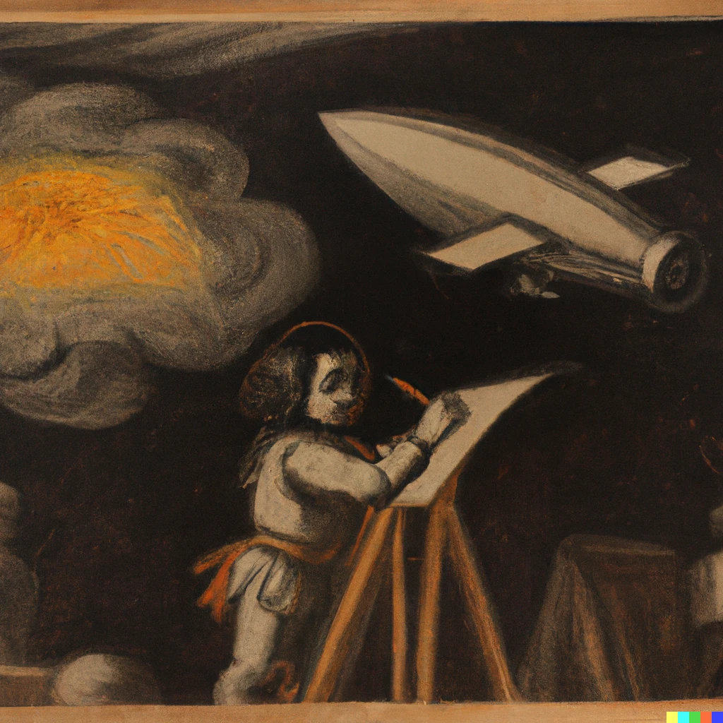 Prompt: a Goya painting of a man drawing a spaceship
