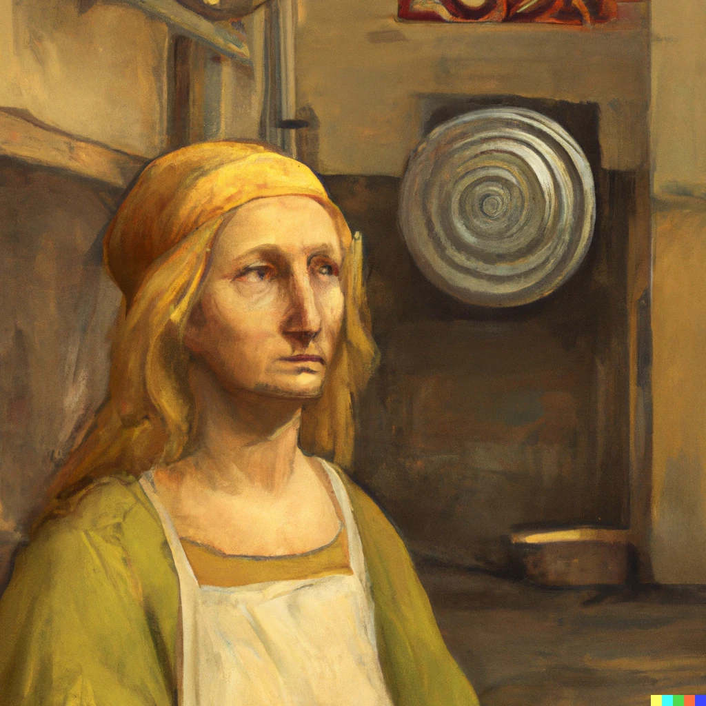 Prompt: A Leonardo da Vinci painting of a blond cooker with a méditative face in a parking 
