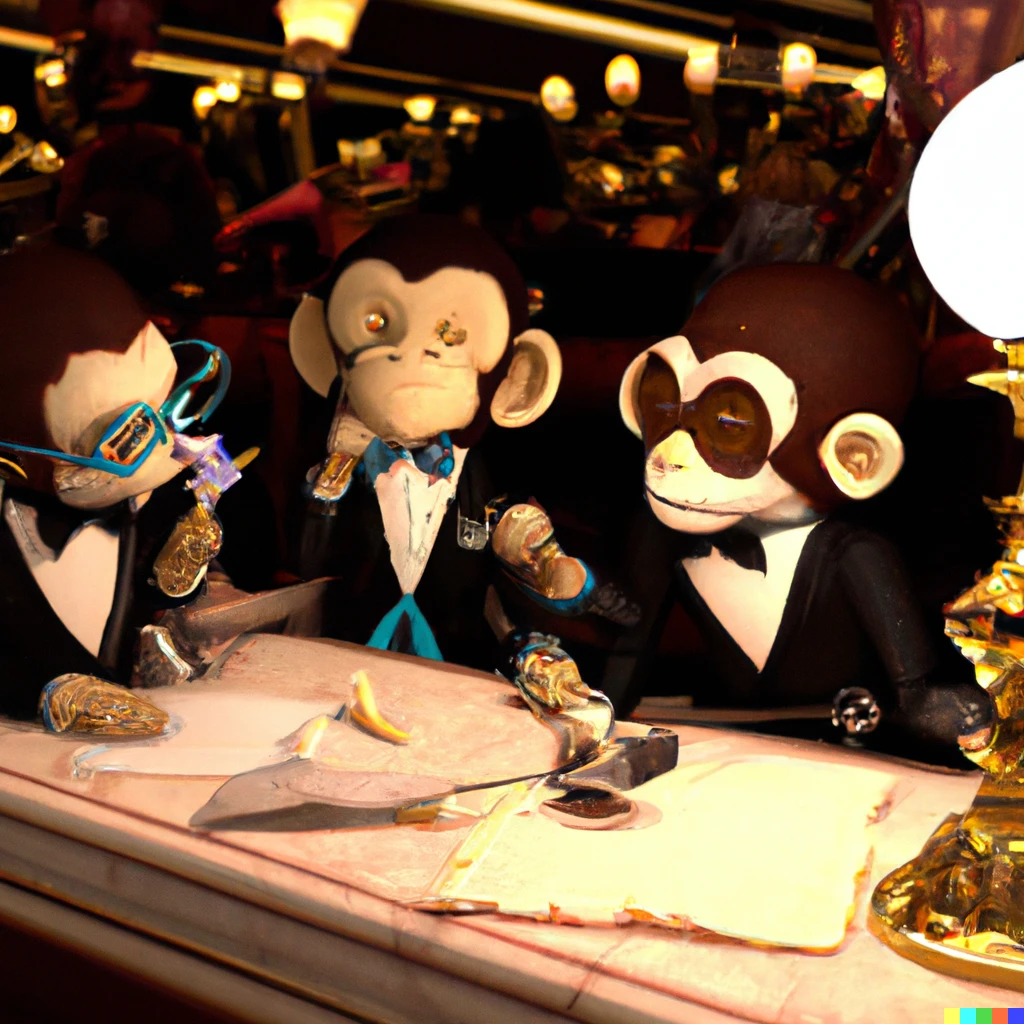 Prompt: Un rendu 3d de singe assis a une table de restaurant et mangeant  des banana Split, ils portent des costumes cravates dior