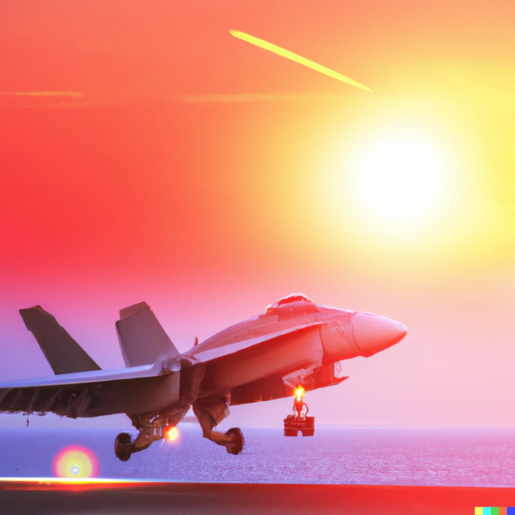 Prompt: Photo of fighter jet landing on aircraft carrier with cinematic lens flare against a crimson sunset backdrop