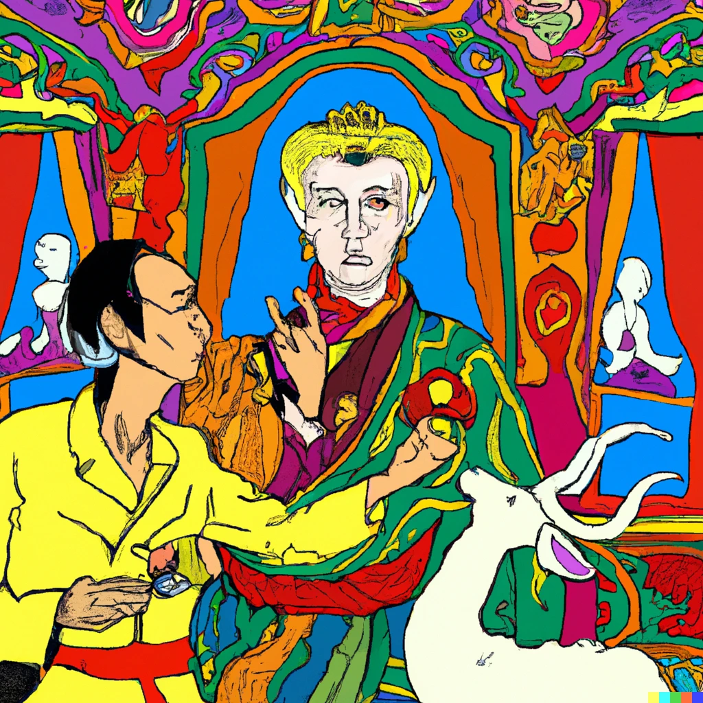 Prompt: Alexander the Great receiving the Dalai Lama in the great hall of the people in the baroque style of Andy Warhol 