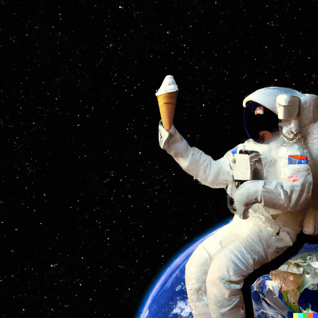 Prompt: Astronaut holding ice cream cone floating in space with the earth in the background, photo