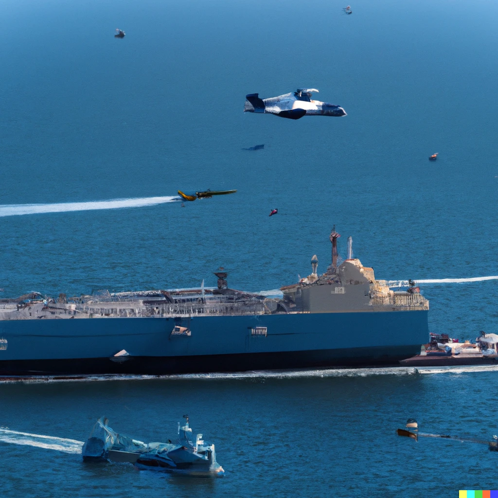 Prompt: Blue Angels flying over an aircraft carrier