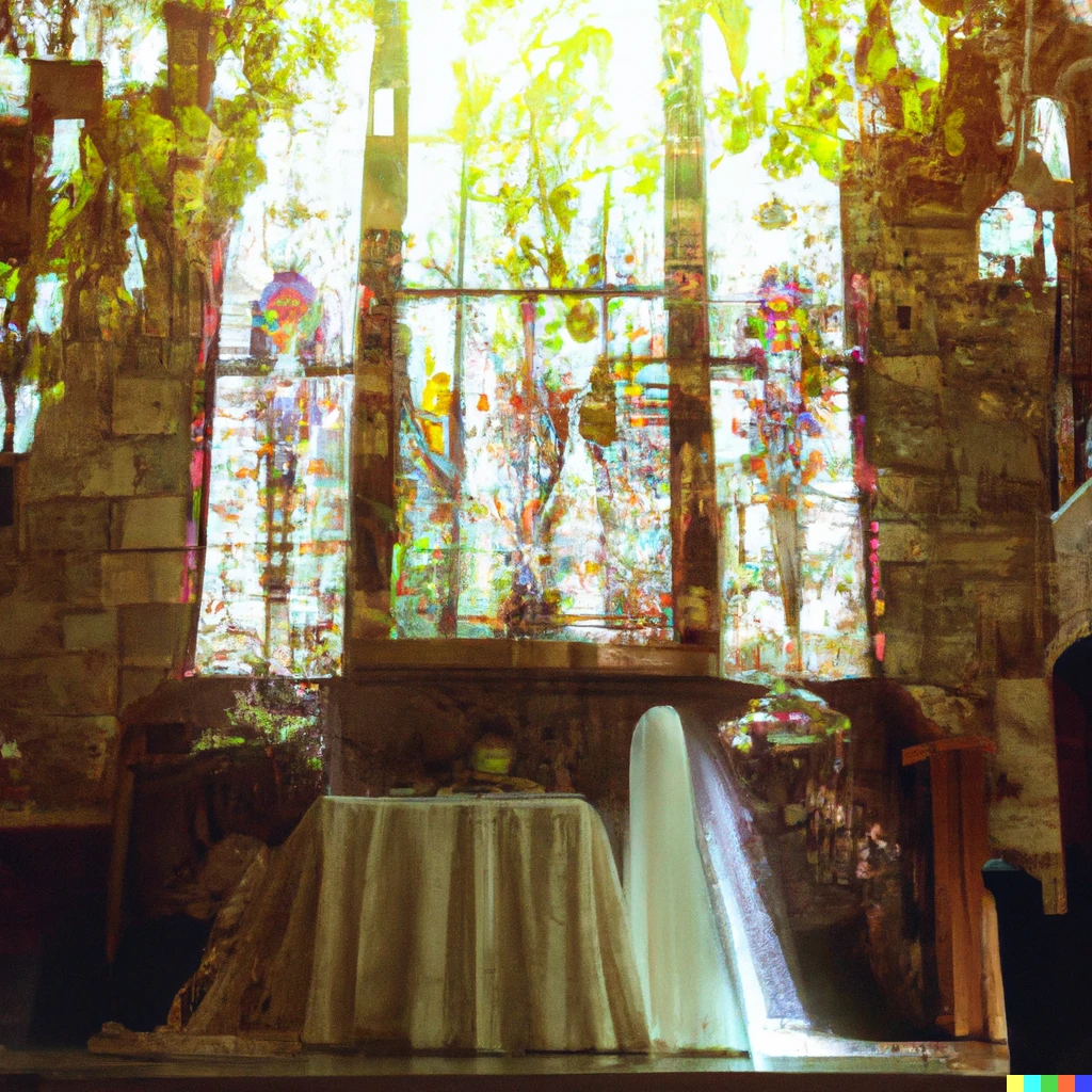Prompt: Baroque wedding with sunlight pouring in from waterfall stained glass windows in a church built from the forest floor
