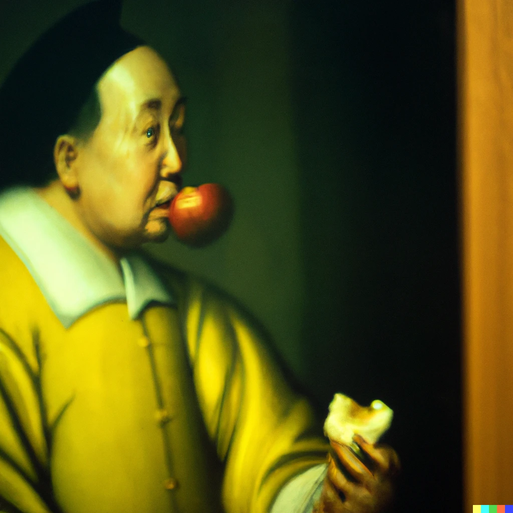 Prompt: 35 mm macro of Chinese man eating an apple in a cathedral by Johannes Vermeer