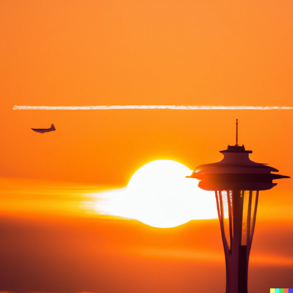 Prompt: Photo of Seattle space needle with sun behind it at red glow sunset with a sea plane flying by