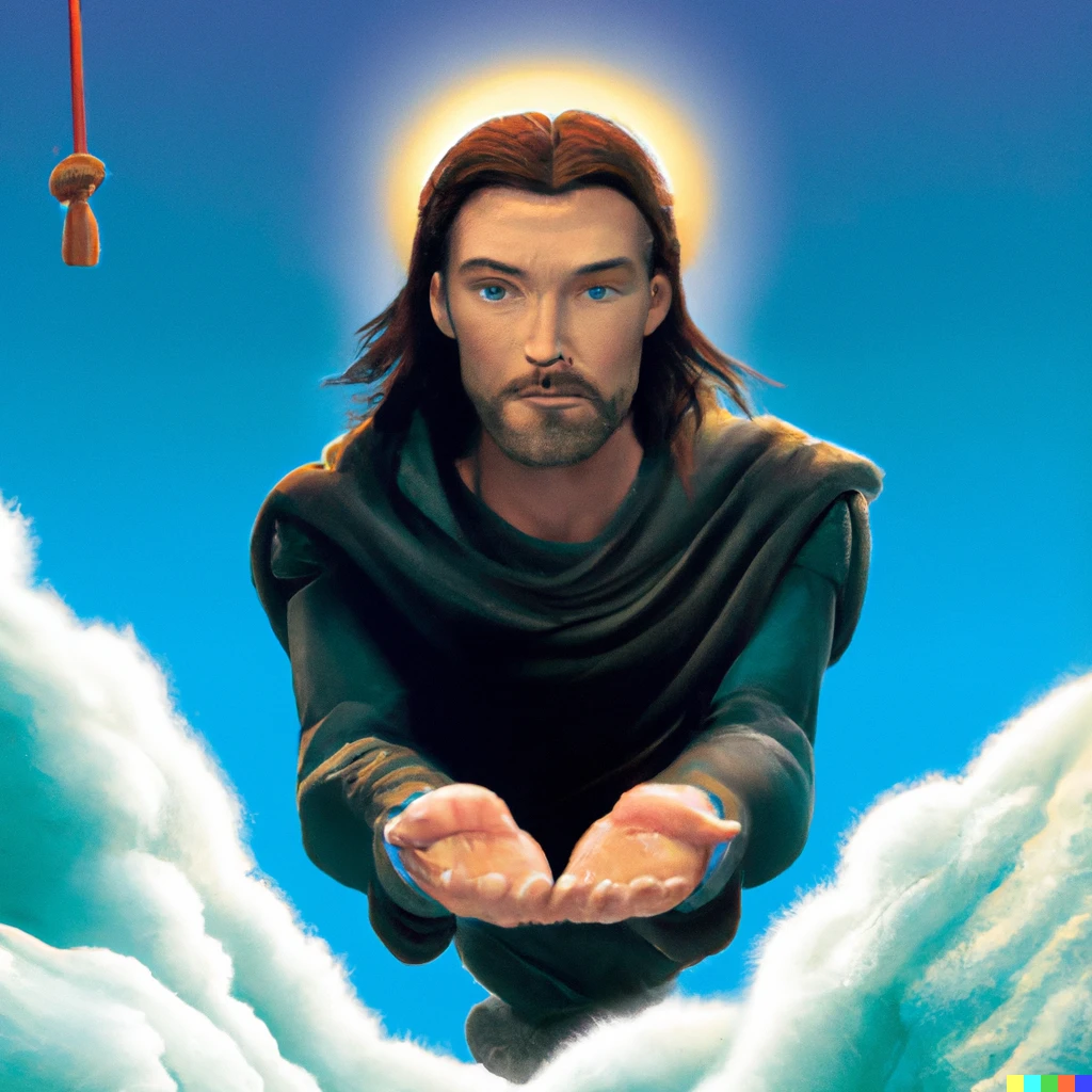 Prompt: Keanu Reeves coming down from Olympus with the blessing of god