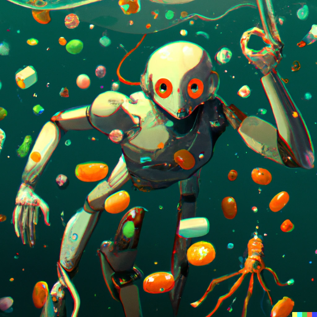 Prompt: an android robot snorkelling in an ocean full of jelly beans and octopus, digital art