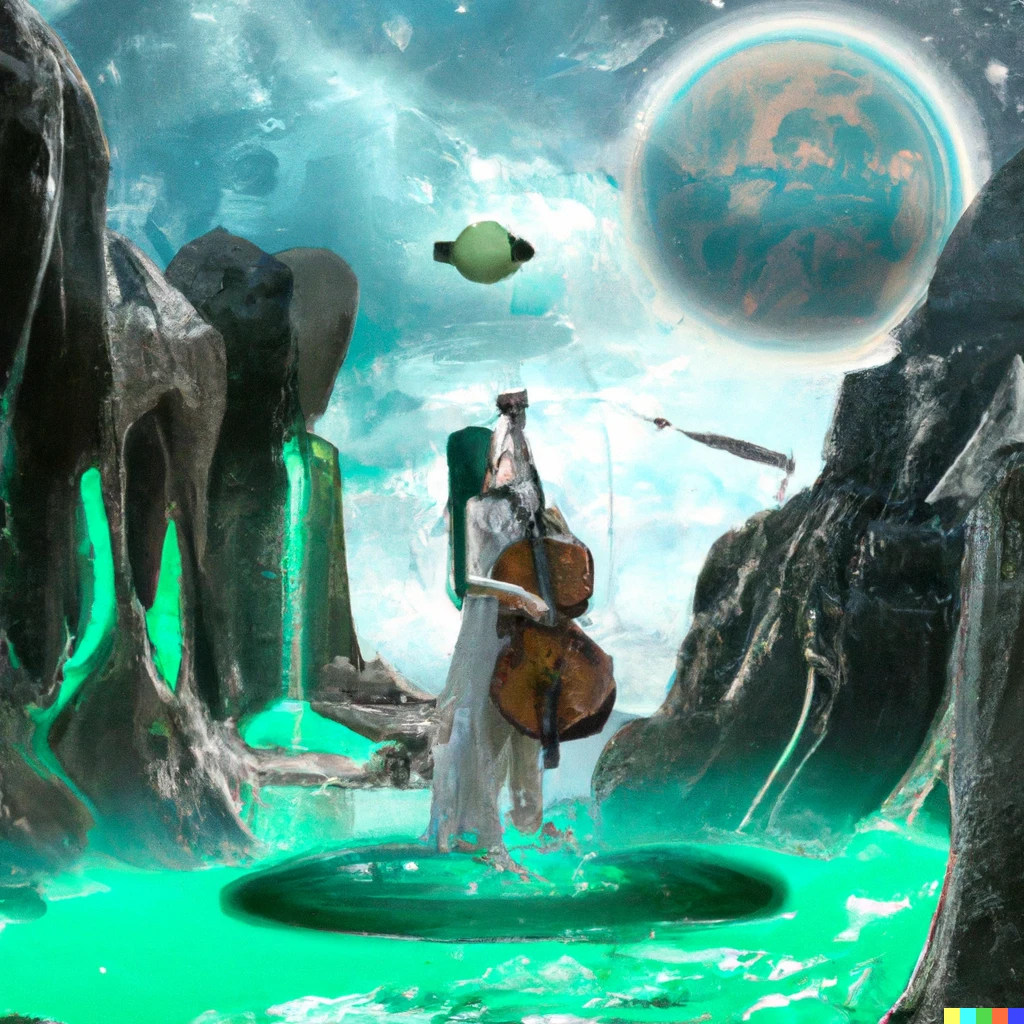 Prompt: a female cellist playing on the surface of the moon surrounded by aliens and waterfalls