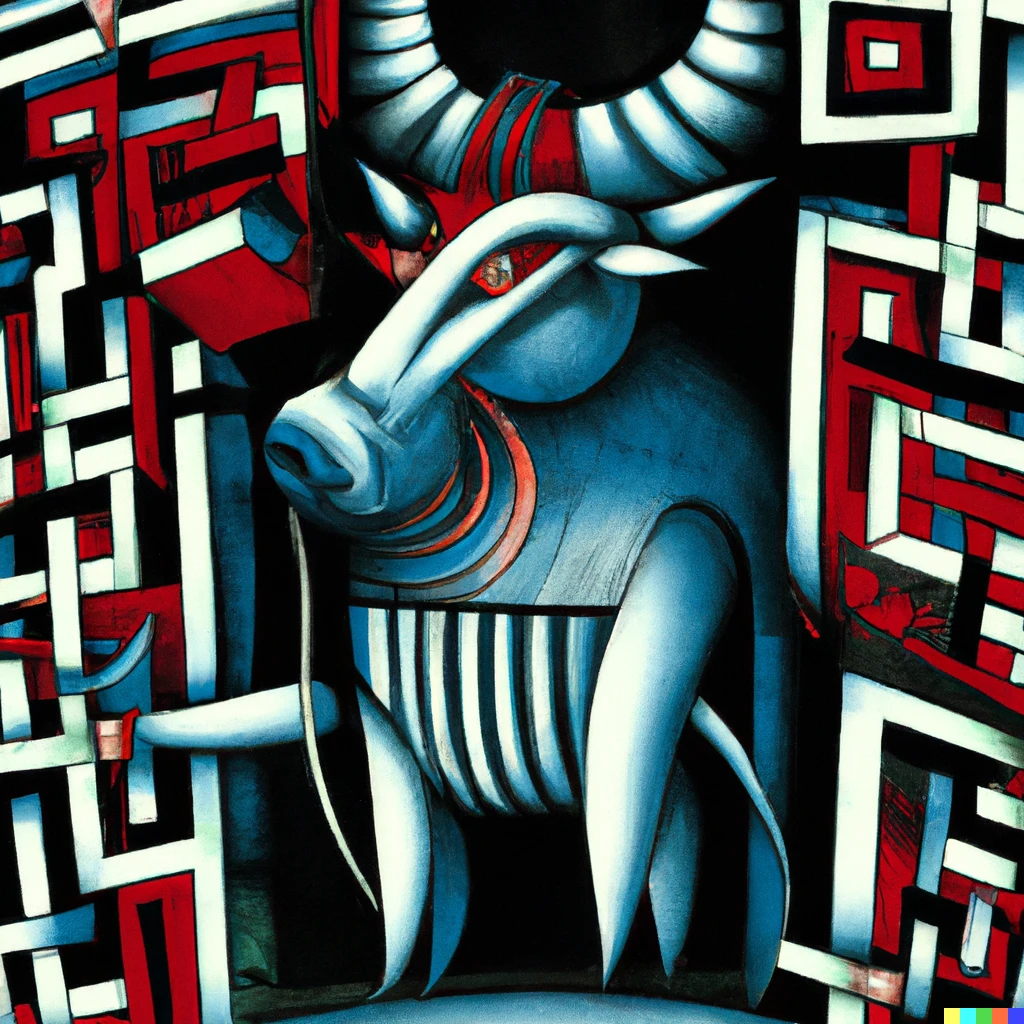 Prompt: Cubist painting of a minotaur in a shape-shifting labyrinth 