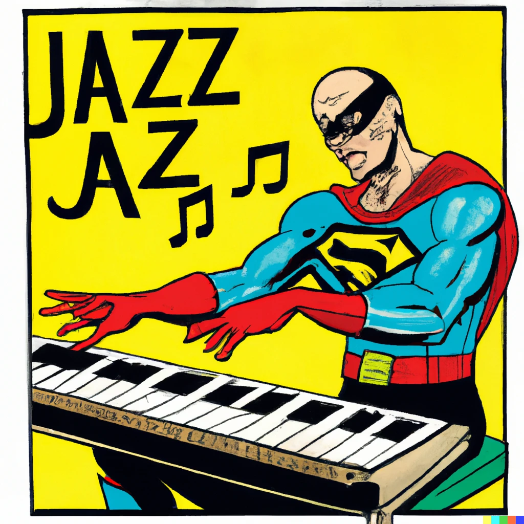 Prompt: Comic book super hero with the power to transcribe complex jazz piano solos