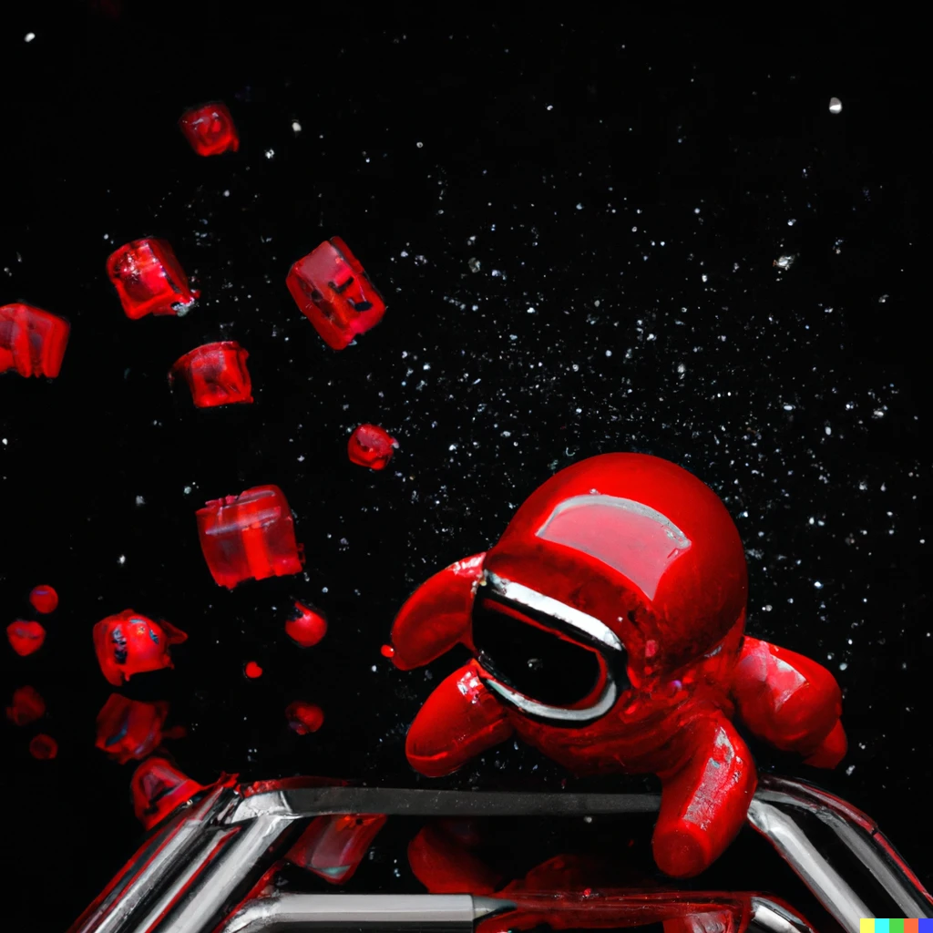 Prompt: A robot made of red glass flying in space