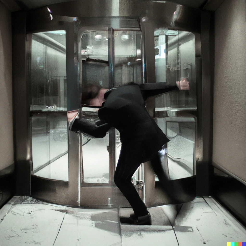 Prompt: award-winning photograph of a man slamming a revolving door, 25mm f/1.8