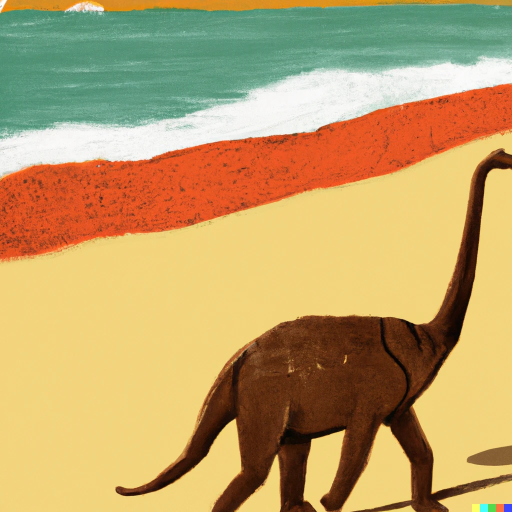 Prompt: a sauropod strolling on a beach in the style of a Henri de Toulouse-Lautrec poster
