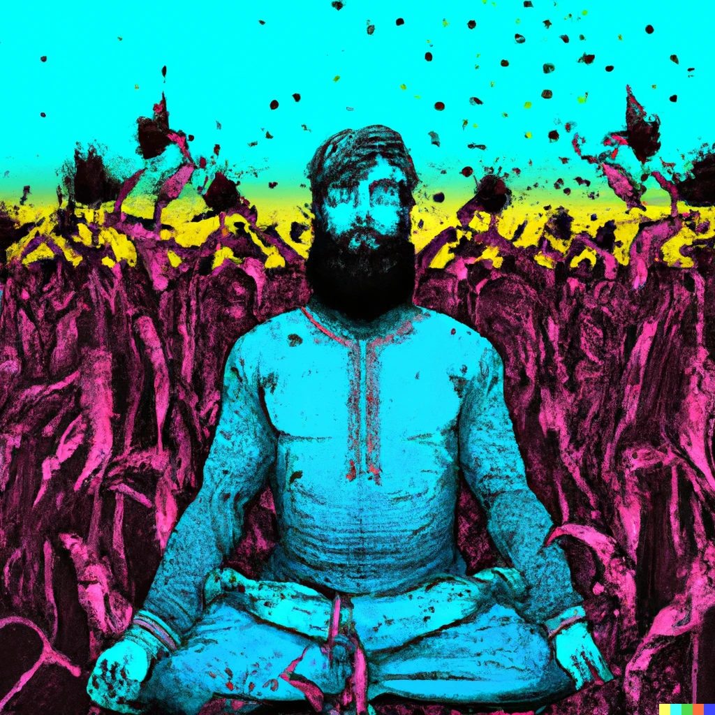 Prompt: cyberpunk illustration of a bearded man meditating in a psychedelic cornfield, comic art
