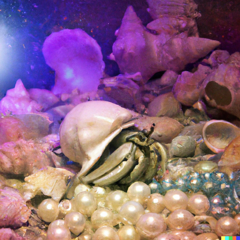 Prompt: Queen hermit crab surrounded by a harem of clam shells with pearls, cassette futurism seascape moonscape flickering light