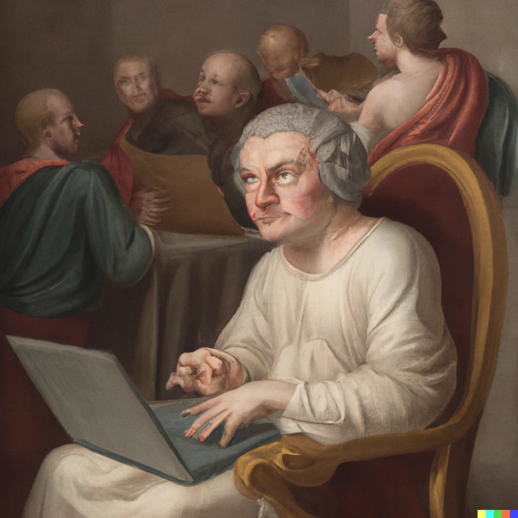 Prompt: baroque paintaing of cato the elder posting memes from his laptop during a session of the roman senate