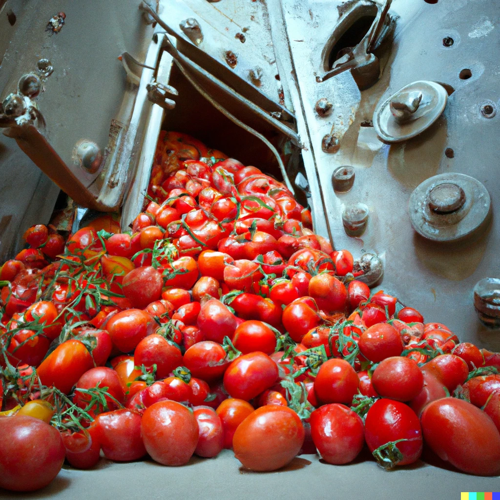 Prompt: mounds of tomatoes spilling out of a huge open bank vault