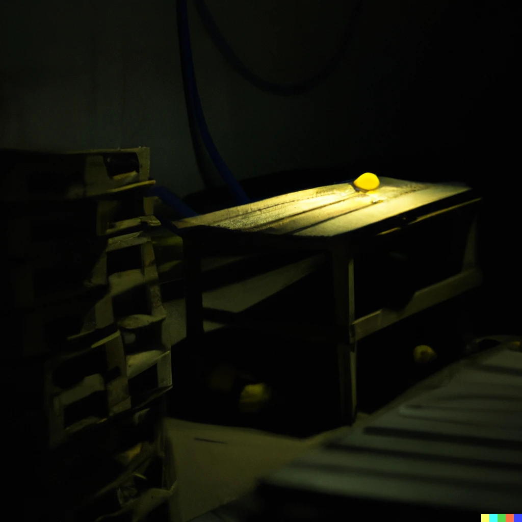 Prompt: a single beam of light illuminates a table in an ominous lemon warehouse