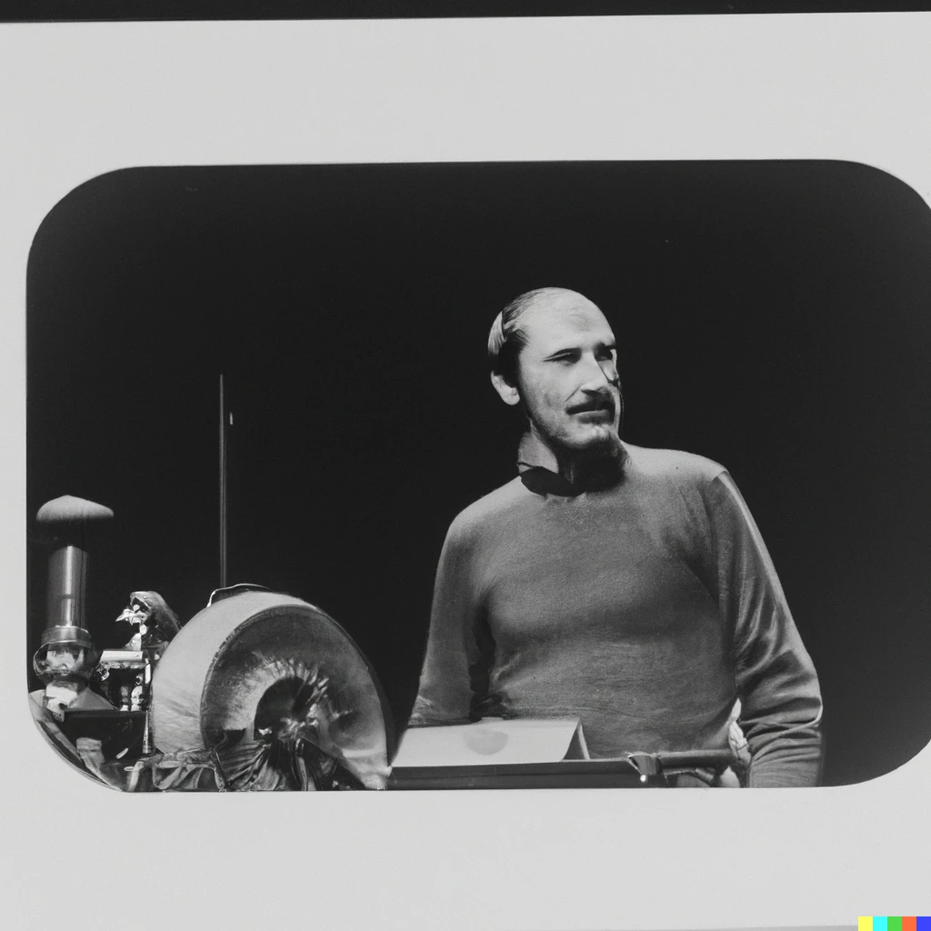 Prompt: daguerreotype of steve jobs wearing a turtle neck in his 50s, demoing a steam engine on-stage at wwdc 