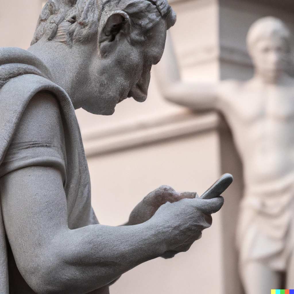 Prompt: marble statue of julius caesar anxiously checking his email on a smartphone
