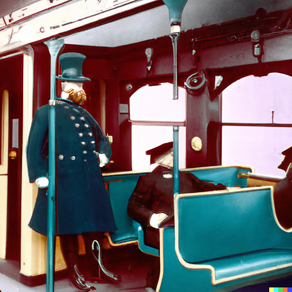 Prompt: hand-colored photograph of kaiser wilhelm ii taking the mbta