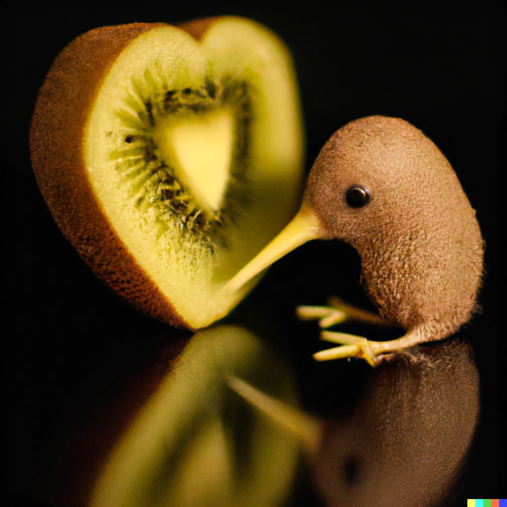 Prompt: photo of a kiwi that is both a bird and a fruit