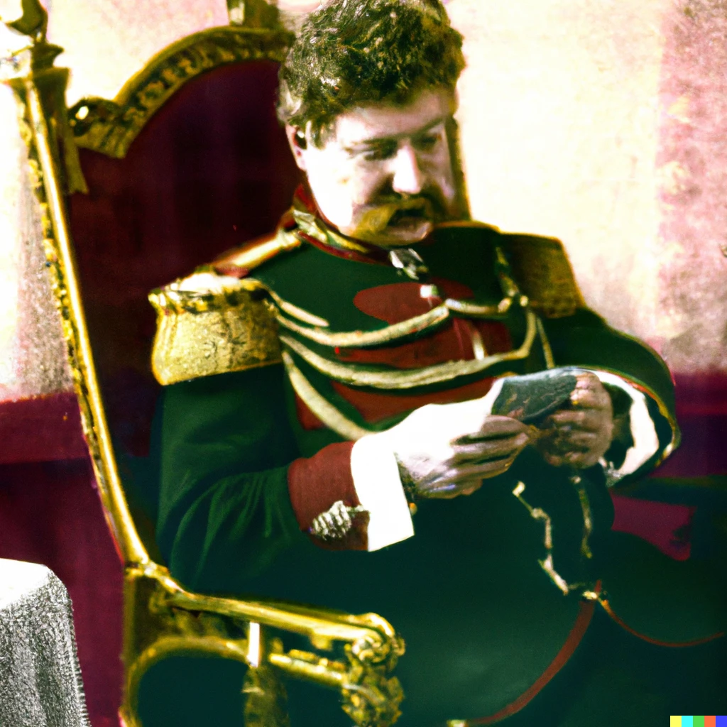 Prompt: hand-colored photograph of kaiser wilhelm ii playing games on his smartphone
