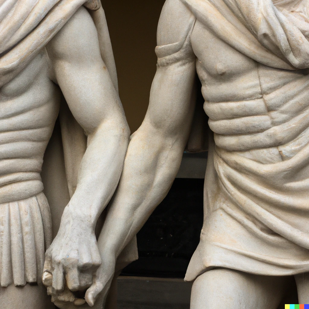 Prompt: marble statue julius caesar and hannibal of carthage holding hands
