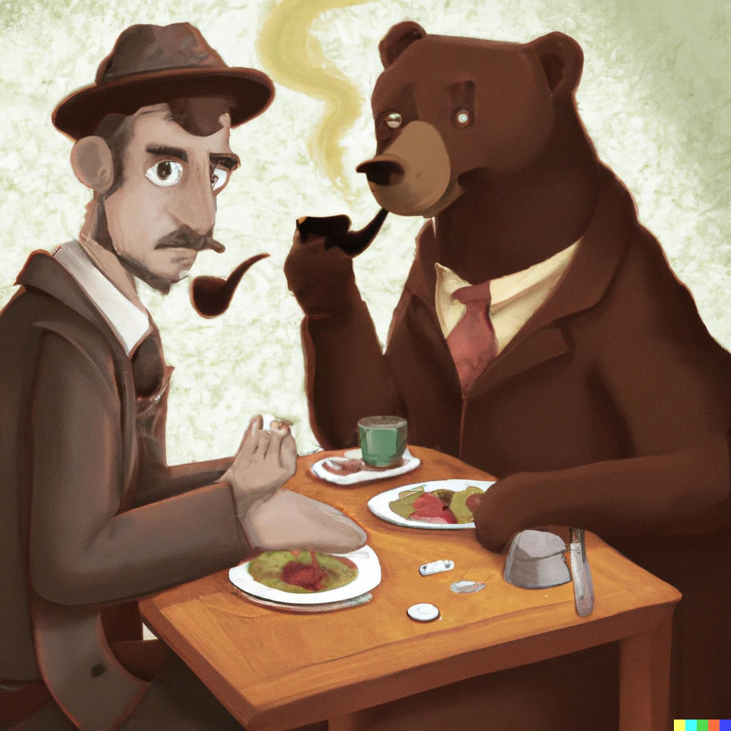 Prompt: Sherlock Holmes eating lunch with a bear
