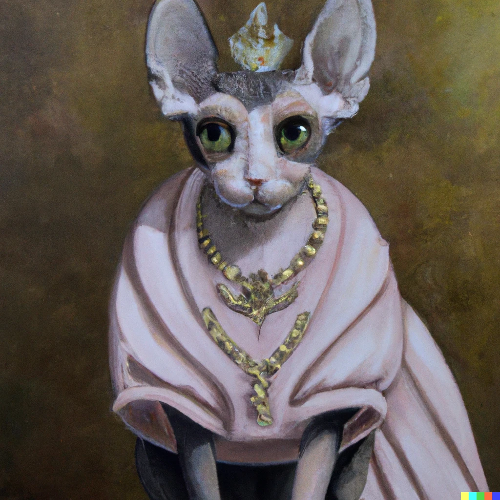 Prompt: An oil painting of a sphinx cat dressed in a victorian dress and a silver tiara