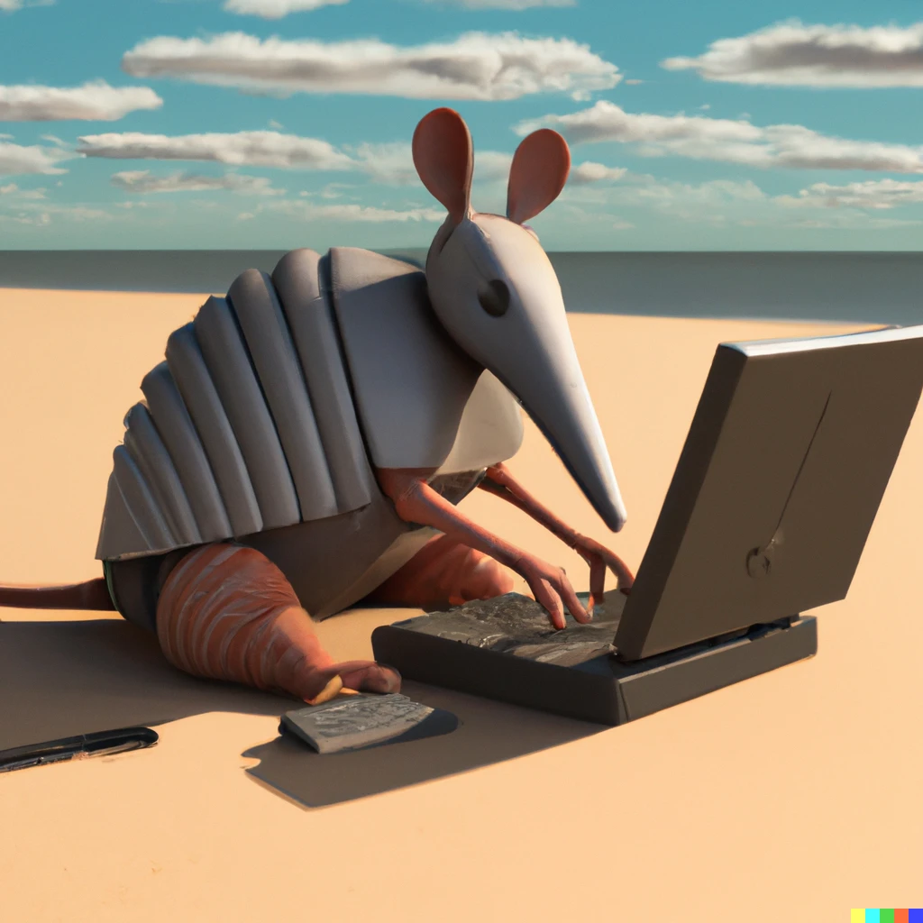 Prompt: Armadillo programing on a computer on a beach, digital art