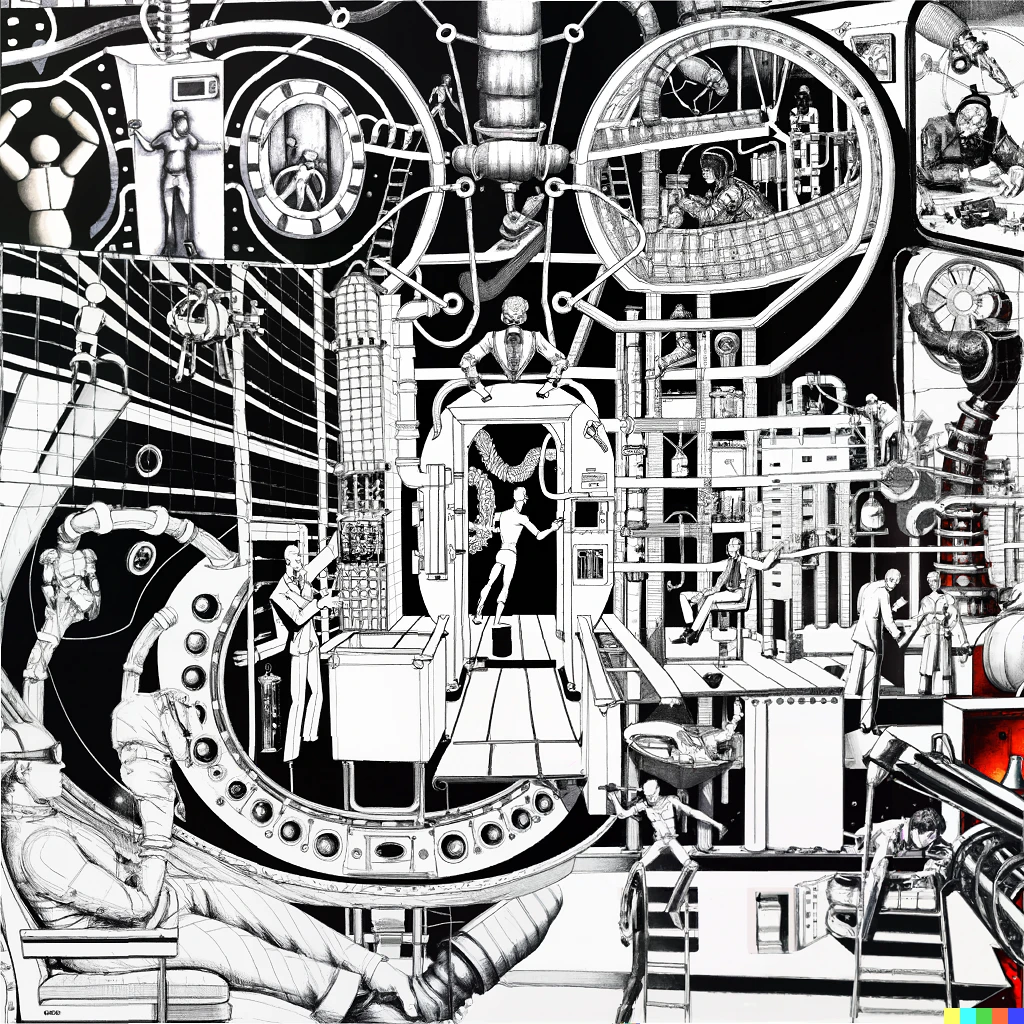 Prompt: highly detailed fine art fineliner drawing of a man entering a machine. The machine will dissect and package the man into bitesize chunks to be fed to the human wasp hybrid being kept in a cage underwater. Bright white paper, jet black ink, no bleeding. NO Sketch.