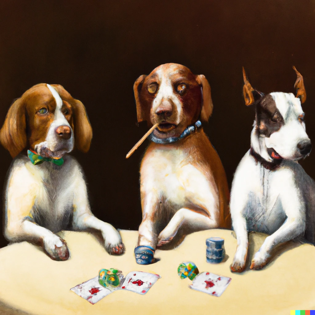Prompt: classical dogs playing poker.