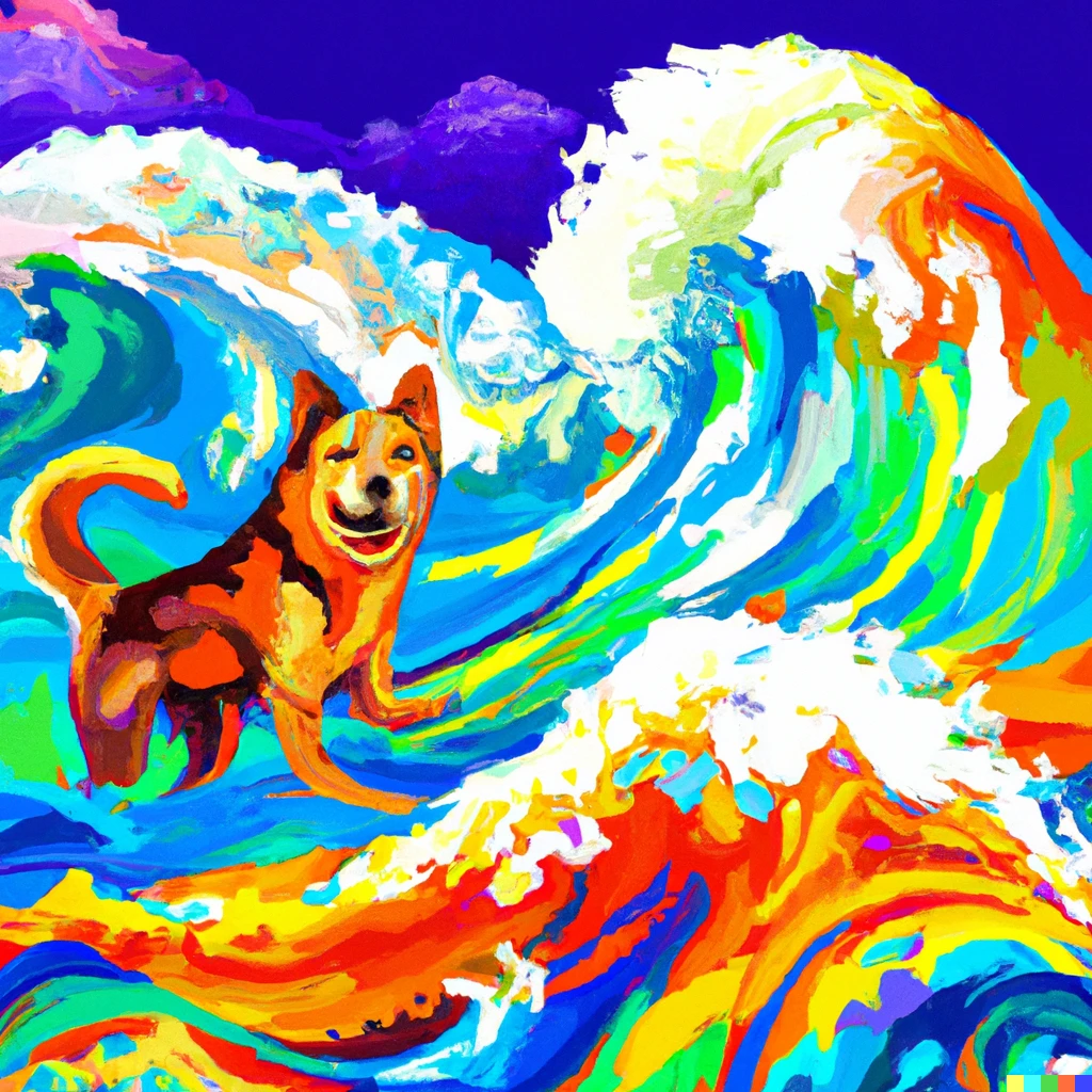 Prompt: Abstract wave art based off of emotions with a dog riding the waves.