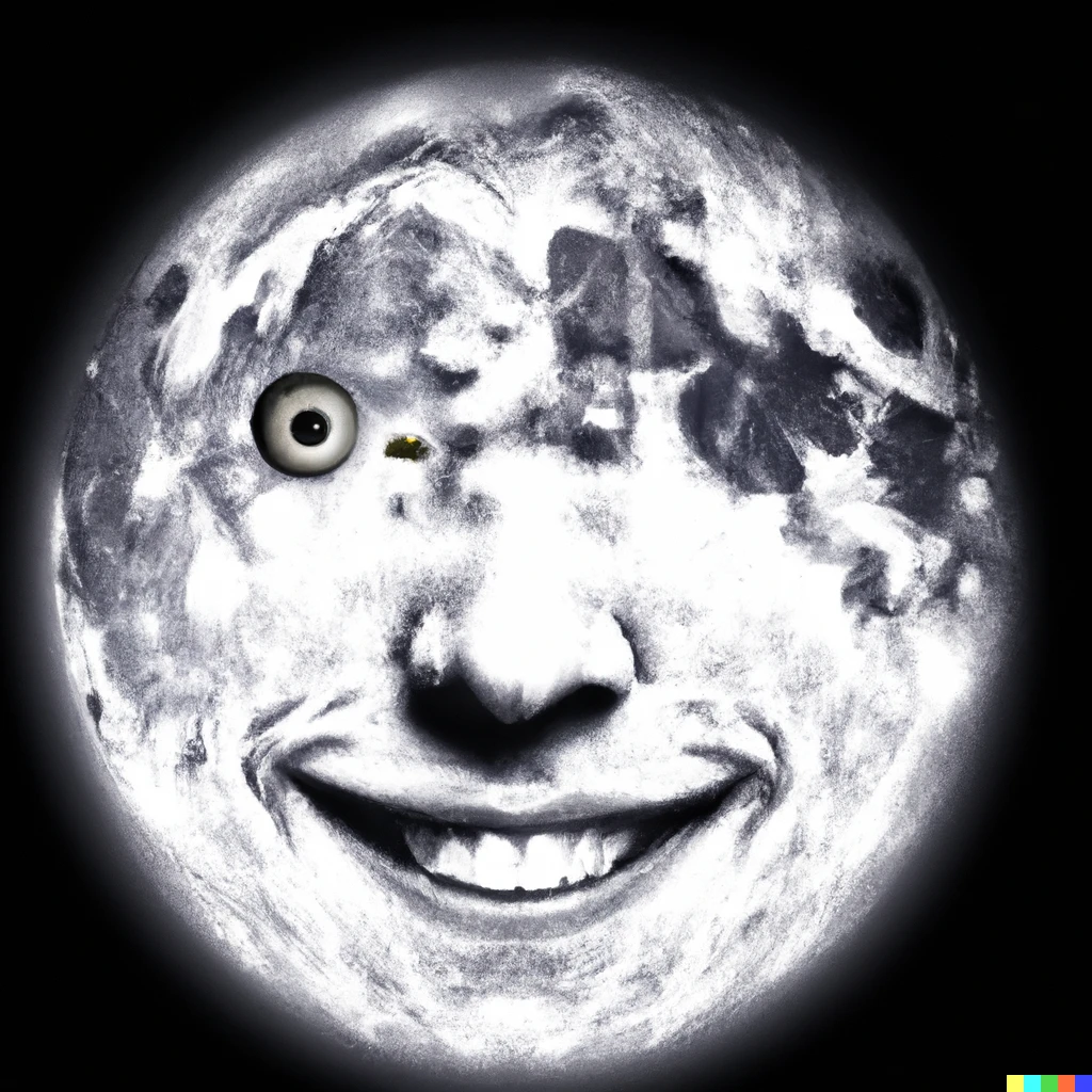 Prompt: Man in the moon face with bright eyes smiling.