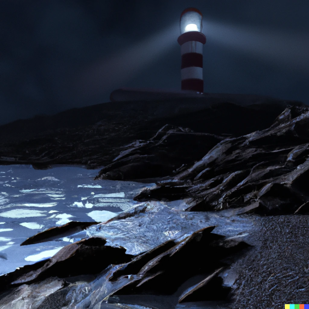 Prompt: 3d render of a rocky shoreline during a dark stormy night lighthouse in distance.