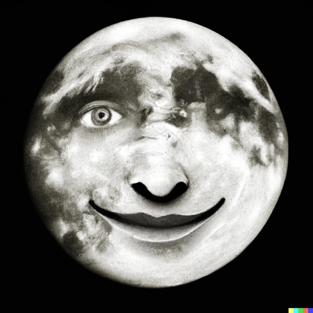 Prompt: Man in the moon face with bright eyes smiling.
