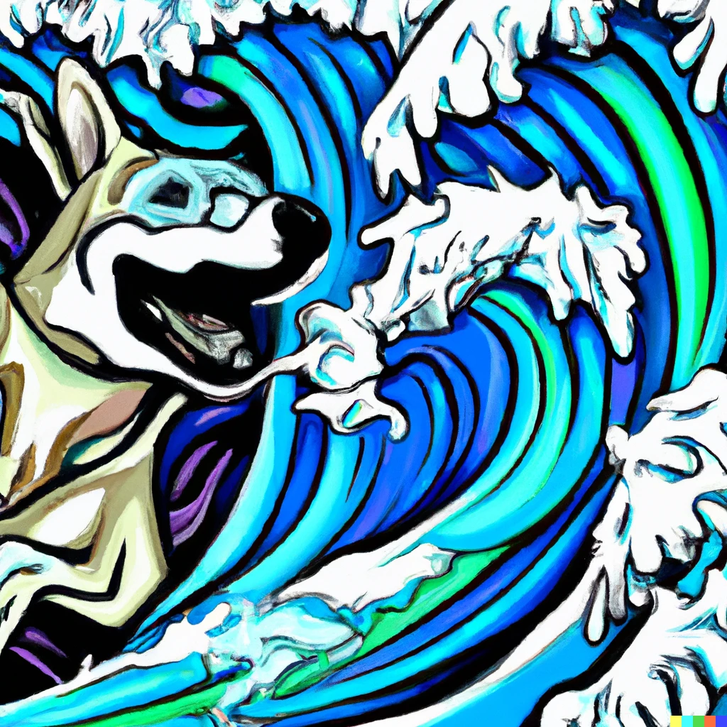 Prompt: Abstract wave art based off of emotions with a dog riding the waves.